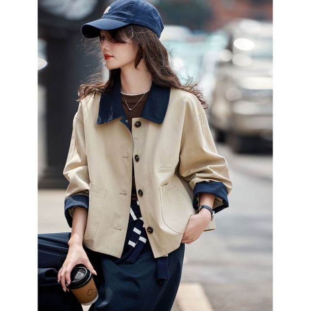 Jeonseon-Collared Two Tone Button Up Jacket