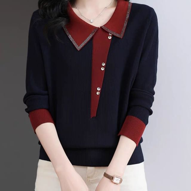 Jeonseon-Collared Two Tone Sweater