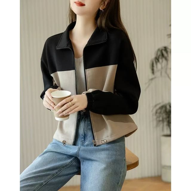 Jeonseon-Collared Two Tone Zip-Up Jacket