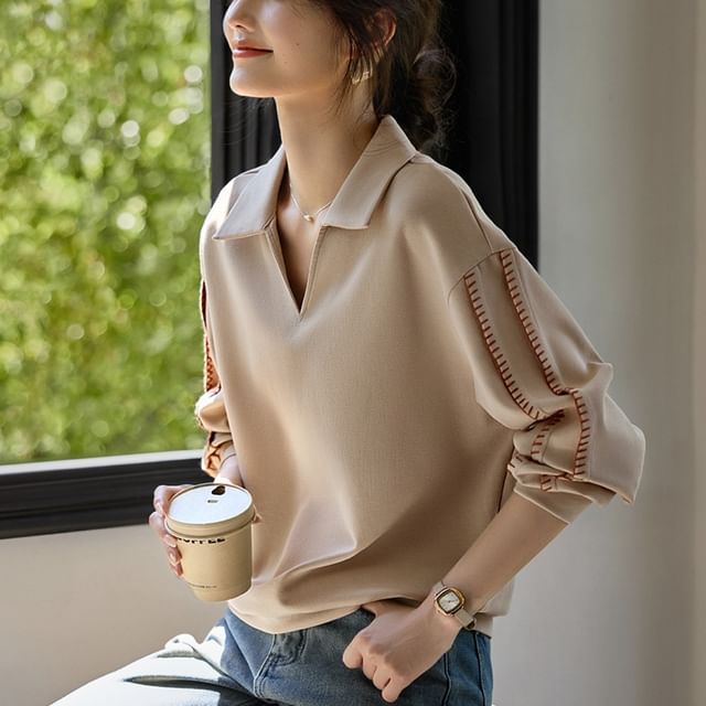 Jeonseon-Collared V-Neck Contrast Stitch Panel Sweatshirt