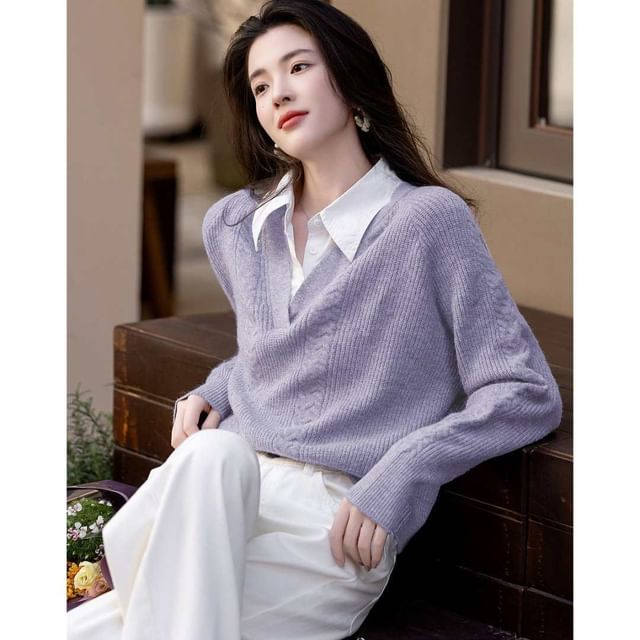 Jeonseon-Collared V-Neck Mock Two Piece Cable Knit Sweater