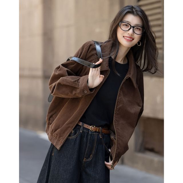 Jeonseon-Collared Zip-Up Plain Corduroy Jacket