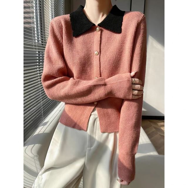 Jeonseon-Contrast Collar Ribbed Cardigan