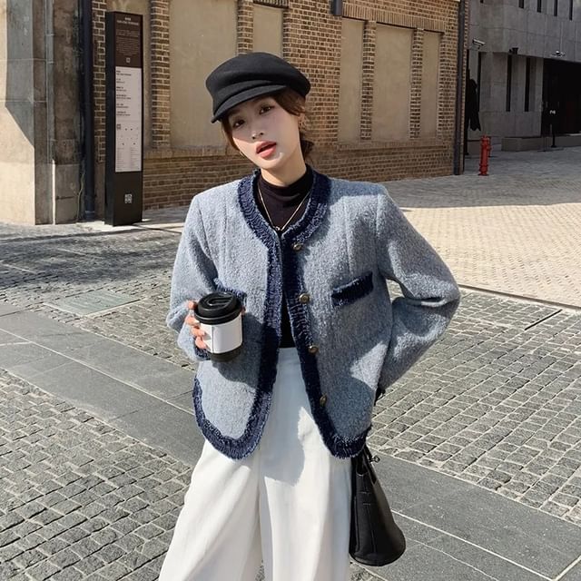 Jeonseon-Contrast Trim Button-Up Crop Jacket