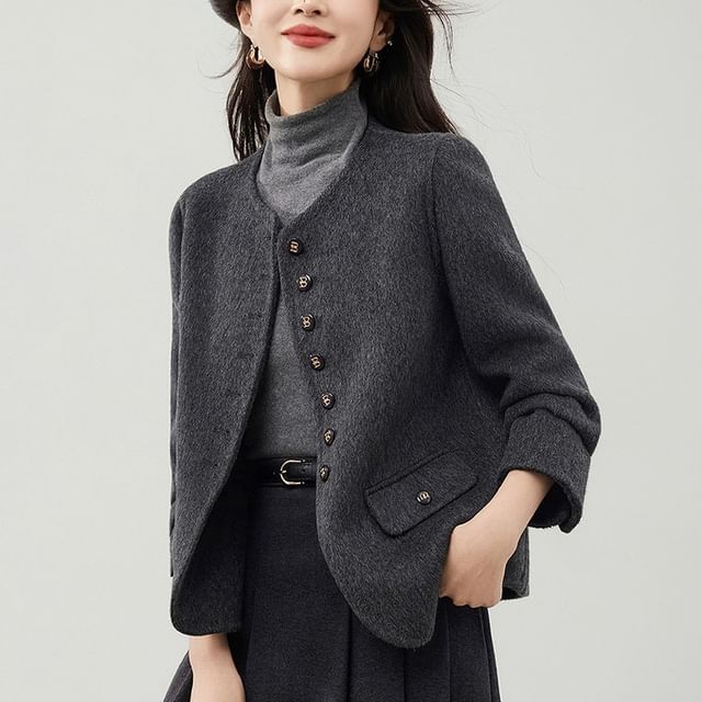 Jeonseon-Crew Neck Button-Up Plain Jacket