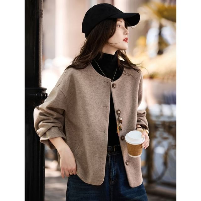 Jeonseon-Crew Neck Button-Up Plain Jacket