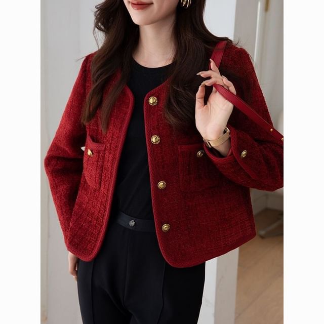 Jeonseon-Crew Neck Button-Up Plain Tweed Jacket