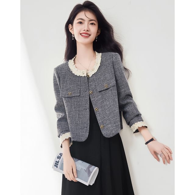 Jeonseon-Crew Neck Contrast Frill Trim Button-Up Jacket