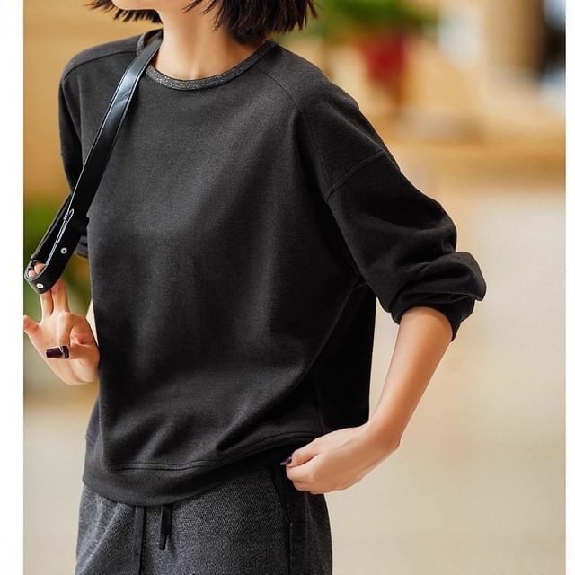 Jeonseon-Crew Neck Drop Shoulder Plain Pullover