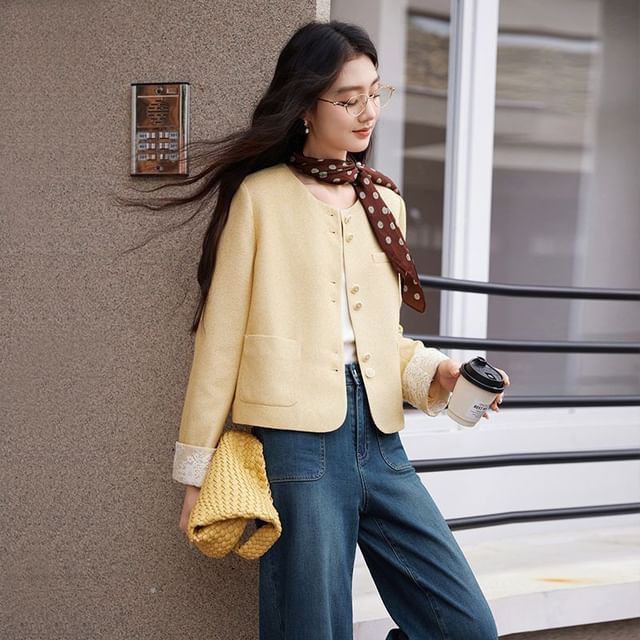 Jeonseon-Crew Neck Lace Panel Button-Up Jacket