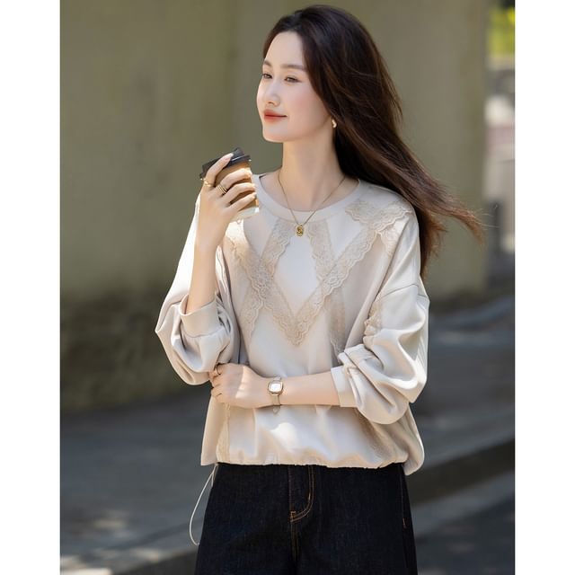 Jeonseon-Crew Neck Lace Panel Sweatshirt