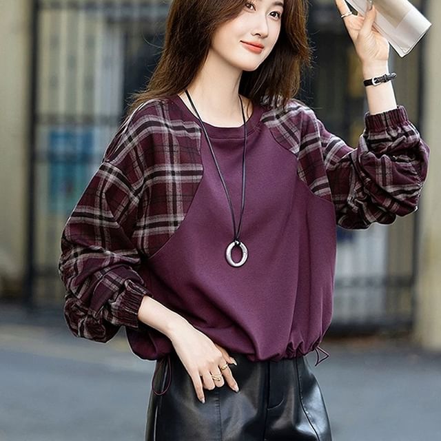 Jeonseon-Crew Neck Plaid Panel Raglan Pullover