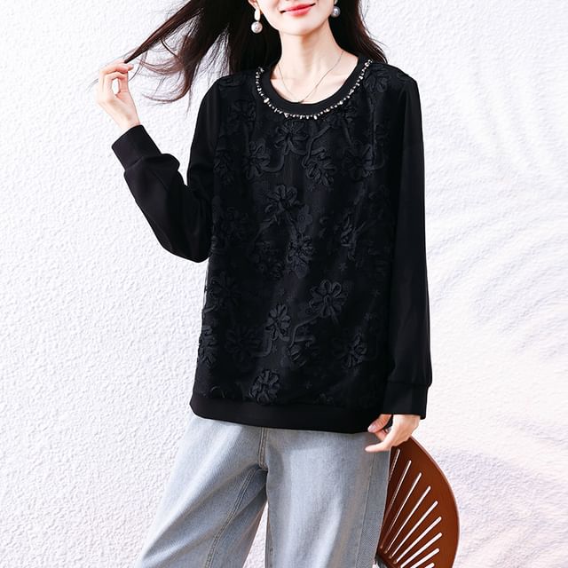 Jeonseon-Crew Neck Plain Beaded Lace Overlay Pullover