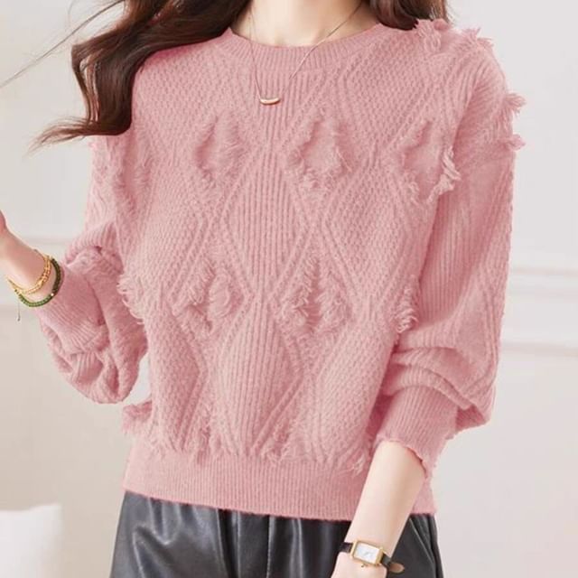 Jeonseon-Crew Neck Plain Fringed Sweater