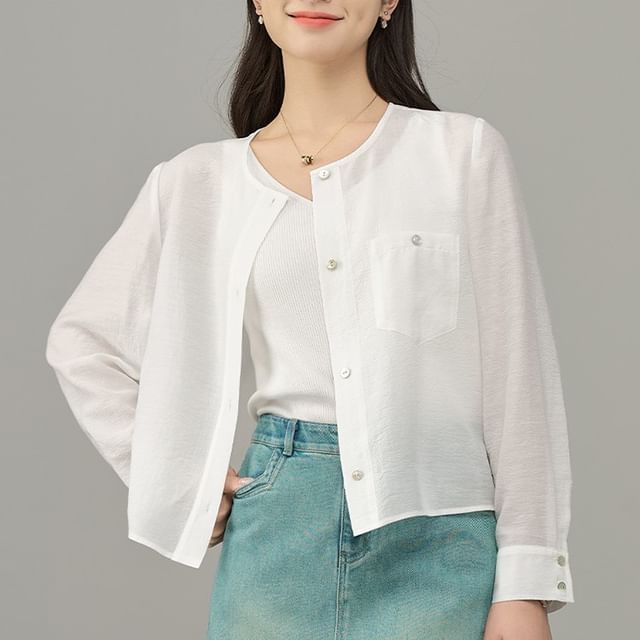 Jeonseon-Crew Neck Plain Pocket Front Light Jacket