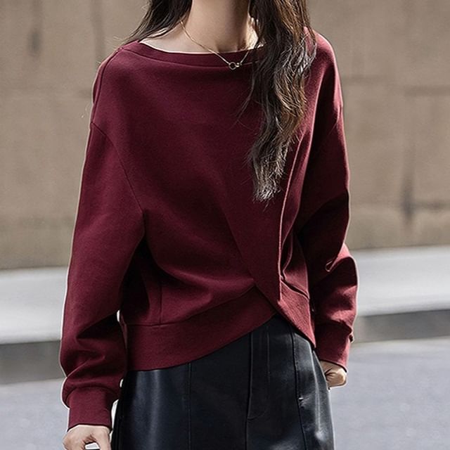 Jeonseon-Crew Neck Plain Slit Sweatshirt