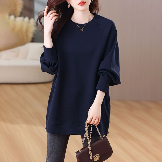 Jeonseon-Crew Neck Plain Zip Slit Pullover