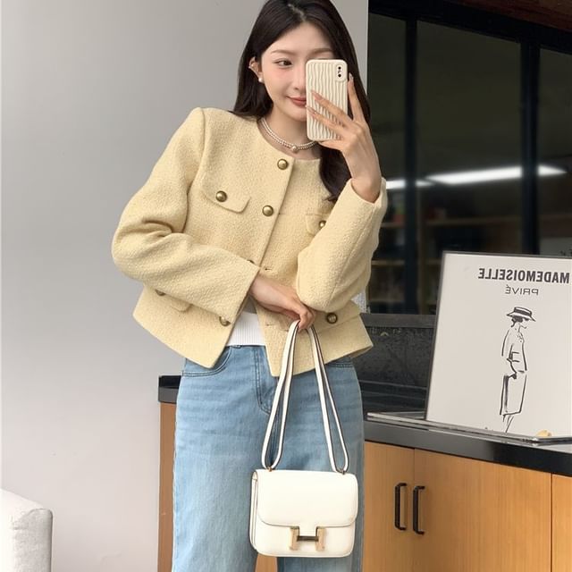 Jeonseon-Crewneck Button-Up Plain Crop Jacket