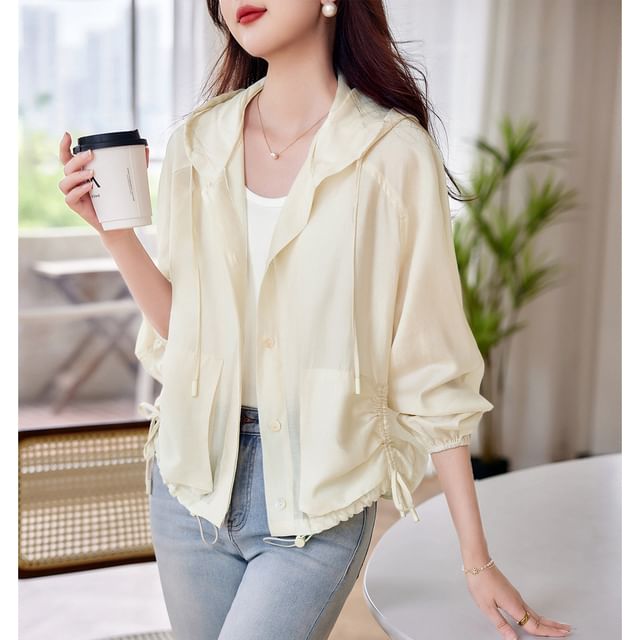 Jeonseon-Drawstring Hooded Button-Up Plain Light Jacket