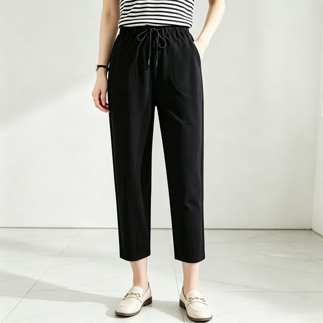 Jeonseon-Drawstring Waist Plain Crop Tapered Sweatpants