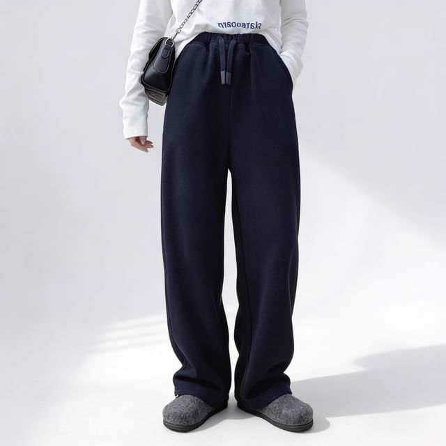Jeonseon-Drawstring Waist Plain Straight Leg Pants