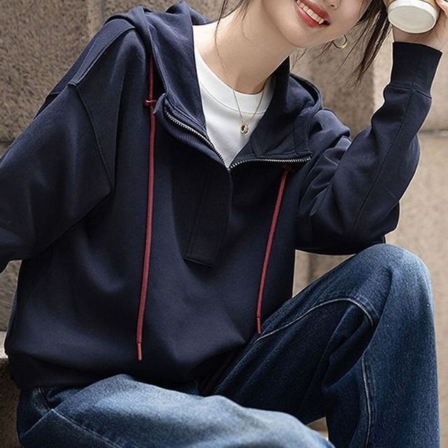 Jeonseon-Drop Shoulder Half Zip Hoodie