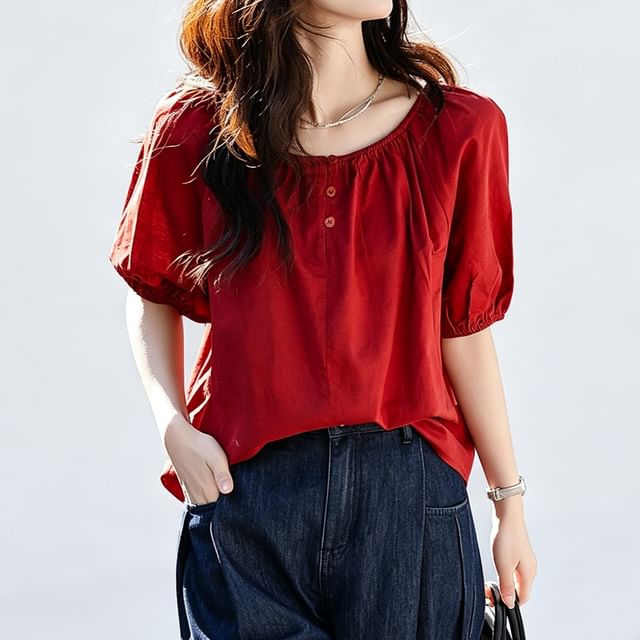 Jeonseon-Elbow-Sleeve Crew Neck Plain Blouse