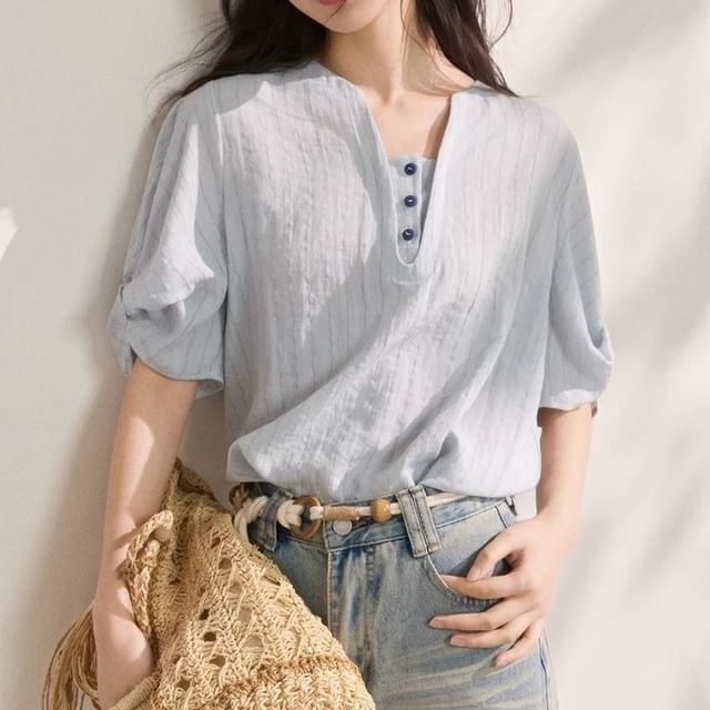 Jeonseon-Elbow-Sleeve Notch Neck Plain Blouse