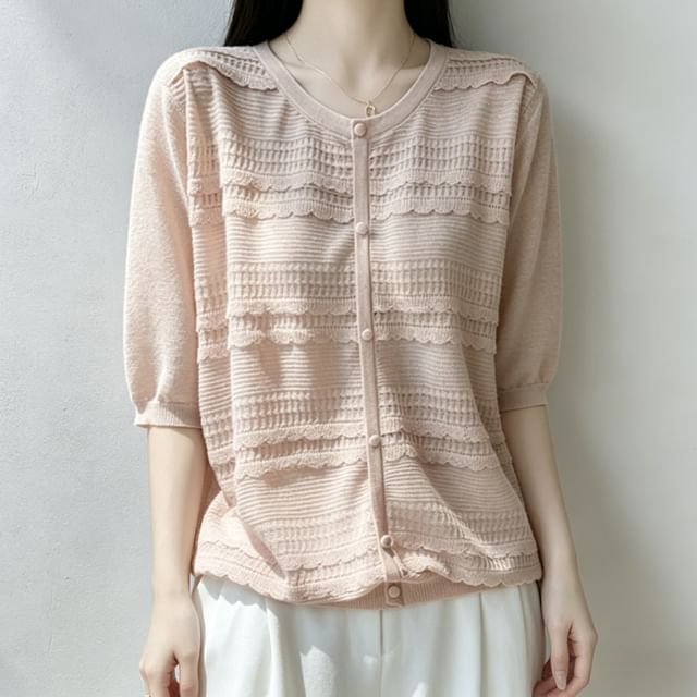 Jeonseon-Elbow-Sleeve Round Neck Plain Knit Top