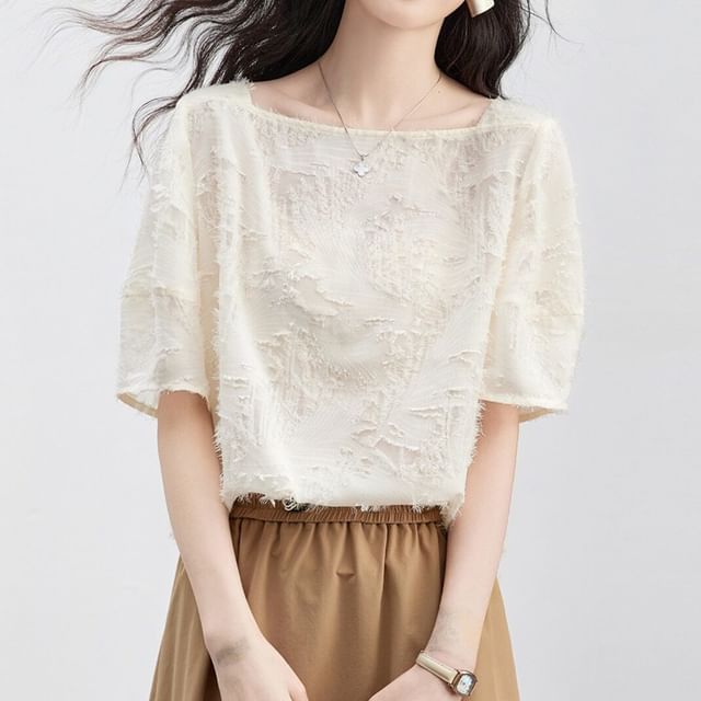 Jeonseon-Elbow-Sleeve Square Neck Lace Plain Blouse
