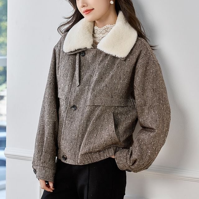 Jeonseon-Fleece Collar Herringbone Button-Up Jacket