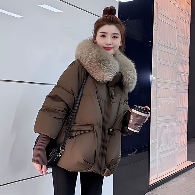 Jeonseon-Furry Trim Zip-Up Puffer Jacket