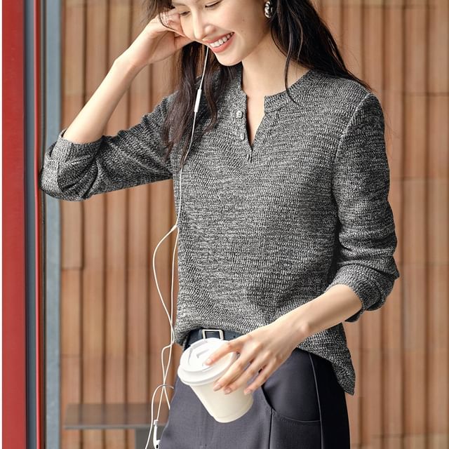 Jeonseon-Henley Neck Melange Sweater