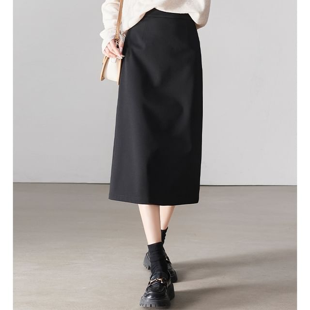 Jeonseon-High Rise Plain Midi Skirt