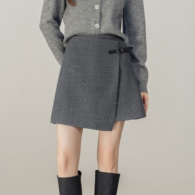 Jeonseon-High Waist Glitter Wrapped Mini Skirt