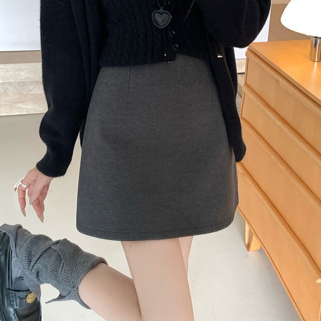 Jeonseon-High Waist Plain Mini A-Line Skirt