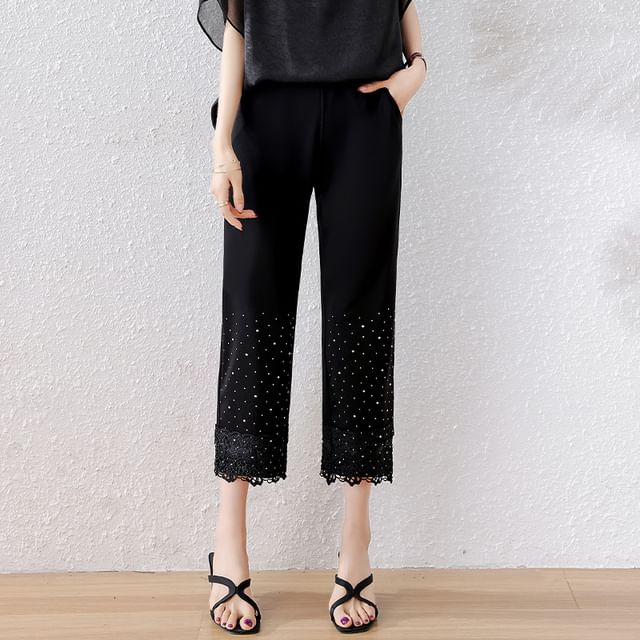 Jeonseon-High Waist Rhinestone Crop Slacks