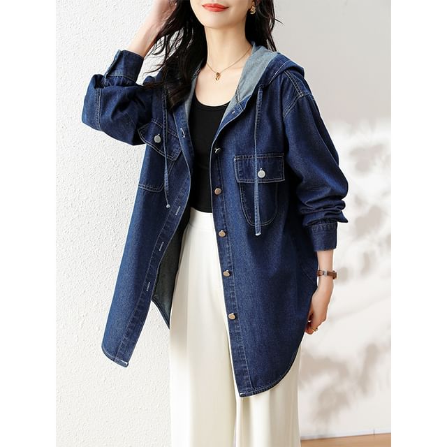 Jeonseon-Hooded Denim Button-Up Jacket