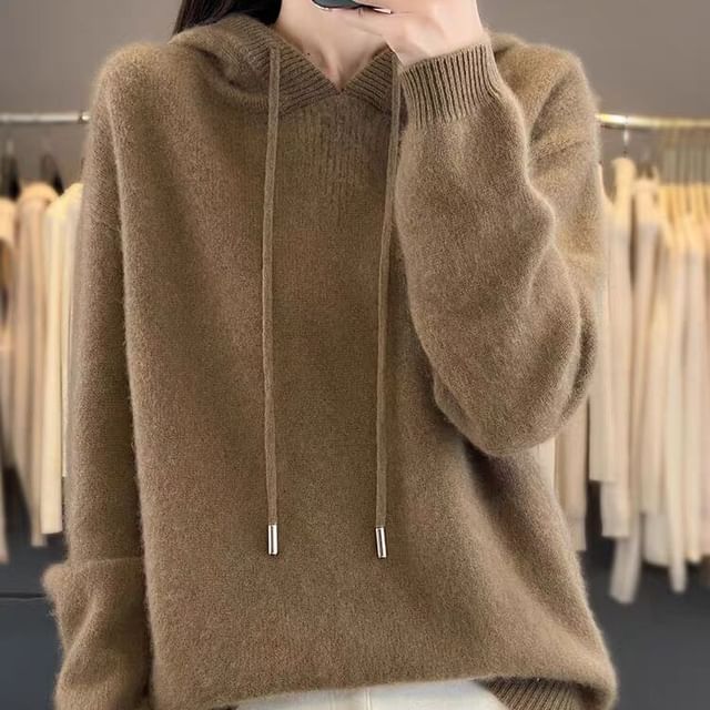 Jeonseon-Hooded Drop Shoulder Plain Sweater