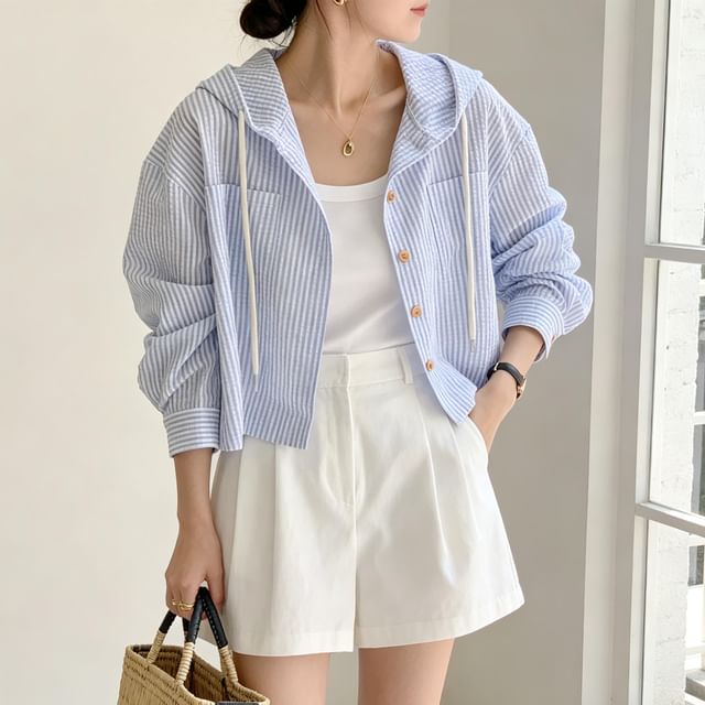 Jeonseon-Hooded Pinstripe Button-Up Crop Jacket