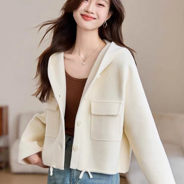 Jeonseon-Hooded Plain Button-Up Knit Jacket