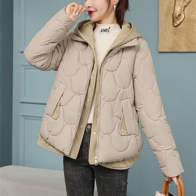 Jeonseon-Hooded Plain Button Up Puffer Jacket