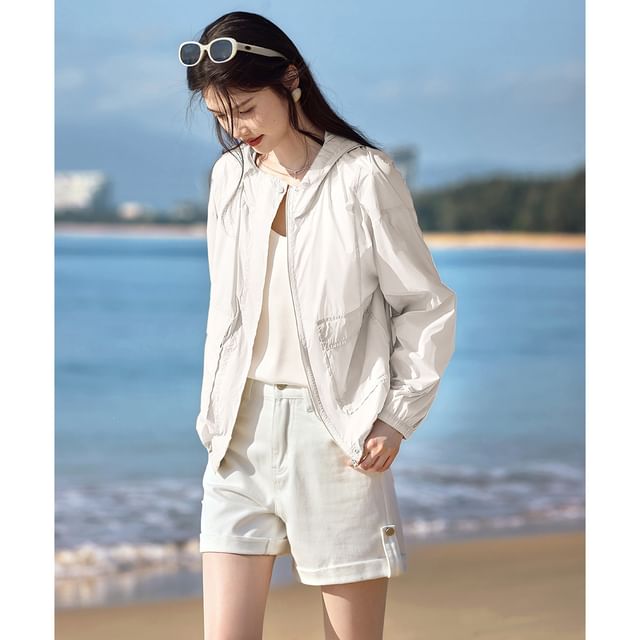 Jeonseon-Hooded Zip-Up Plain Jacket