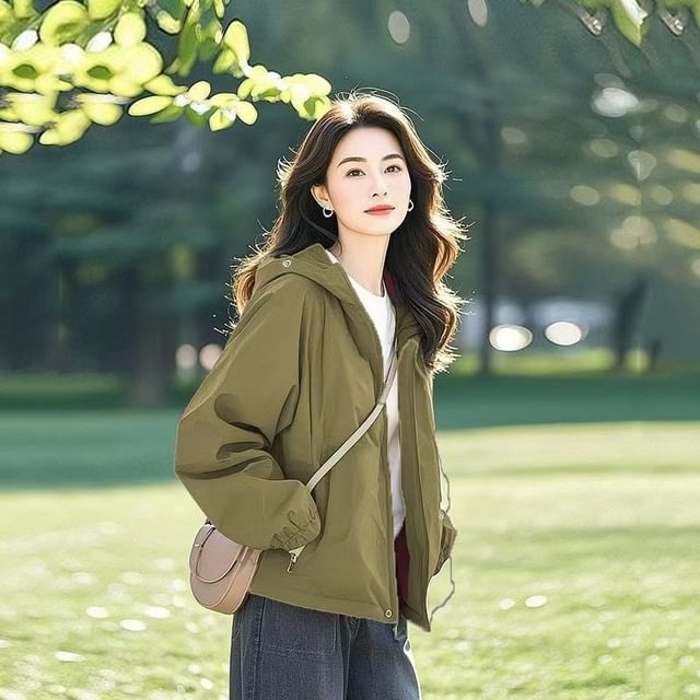 Jeonseon-Hooded Zip-Up Plain Jacket