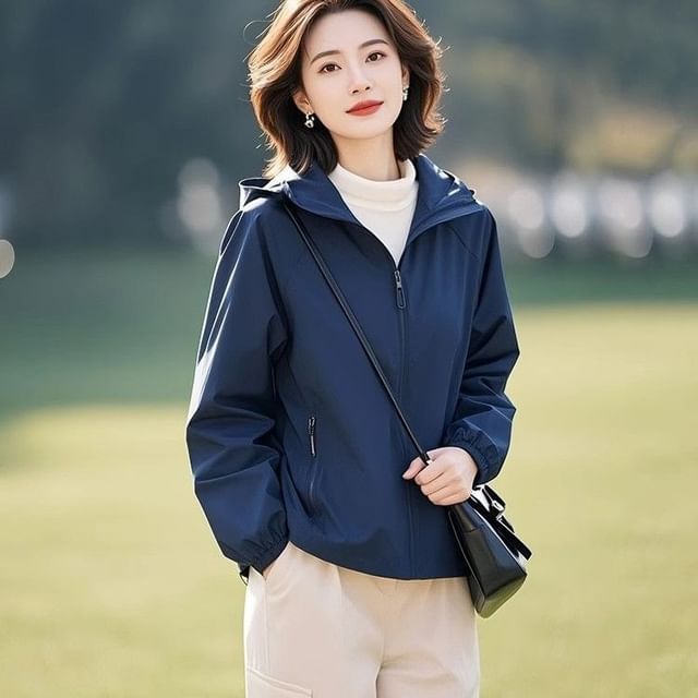 Jeonseon-Hooded Zip-Up Plain Jacket