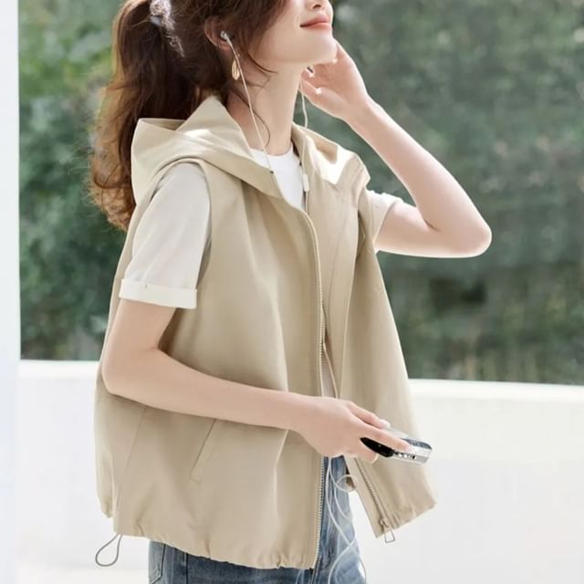 Jeonseon-Hooded Zip-Up Plain Vest