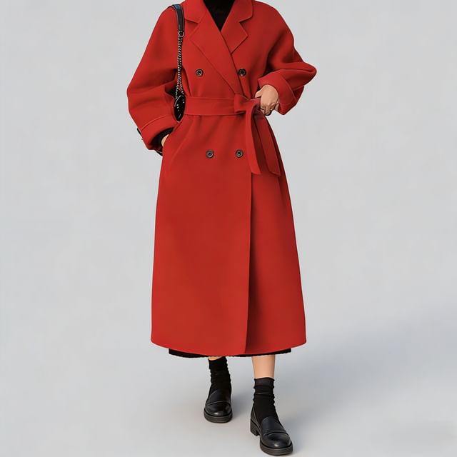 Jeonseon-Lapel Collar Plain Double Breasted Long Coat