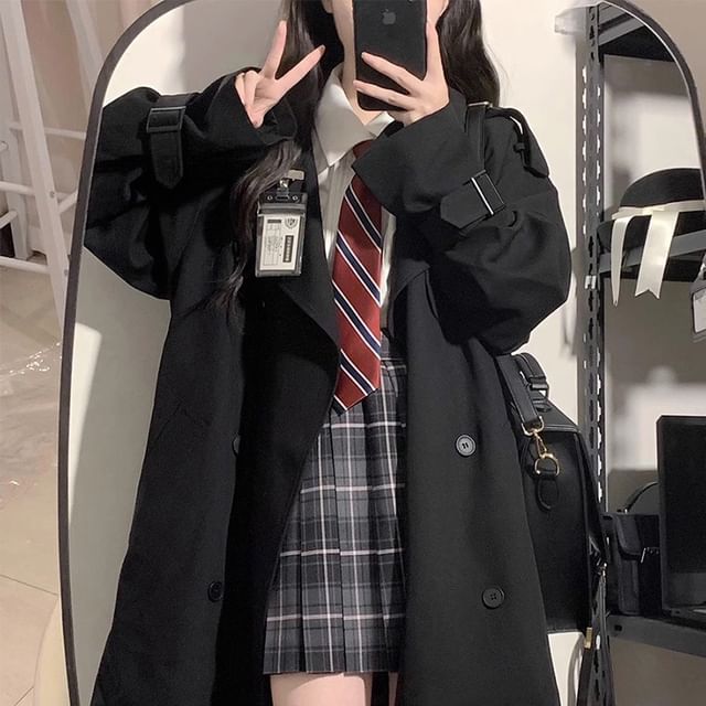 Jeonseon-Lapel Collar Plain Double Breasted Trench Coat