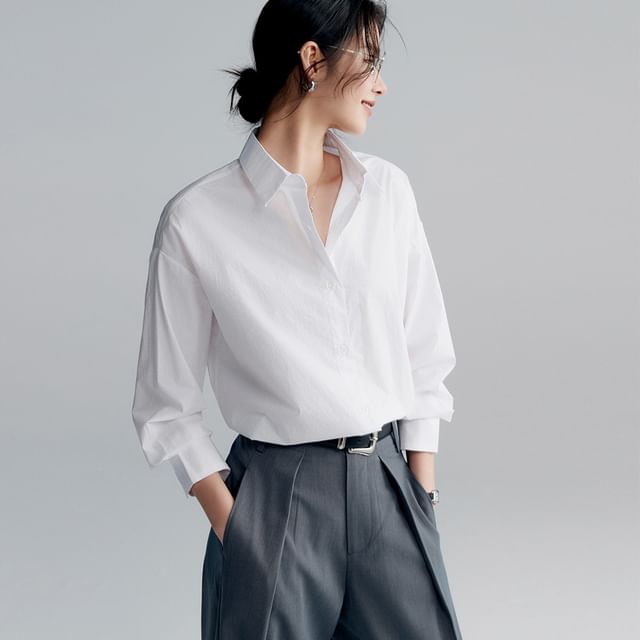 Jeonseon-Long-Sleeve Button-Up Plain Shirt