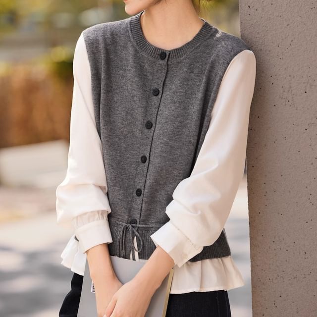 Jeonseon-Long-Sleeve Button-Up Two Tone Knit Top